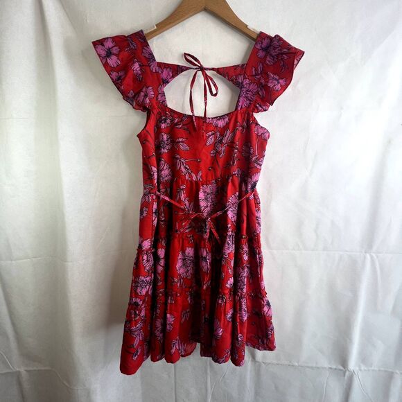 Band of the Free Mini Dress Size XS Red Floral Print Flutter Sleeve Gypsy Boho - Picture 2 of 10